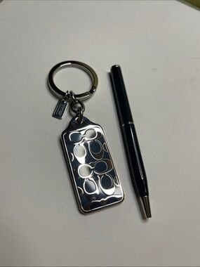 Coach Silver and Dark Navy Signature Tag Key Ring with Coach Dark Navy Pen